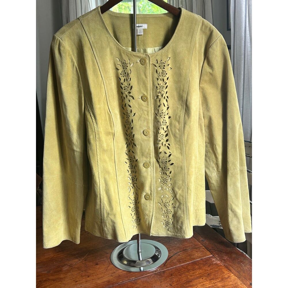 J. Jill Genuine Suede Leather Jacket Beige Tan Large Boho Laser Cut Floral